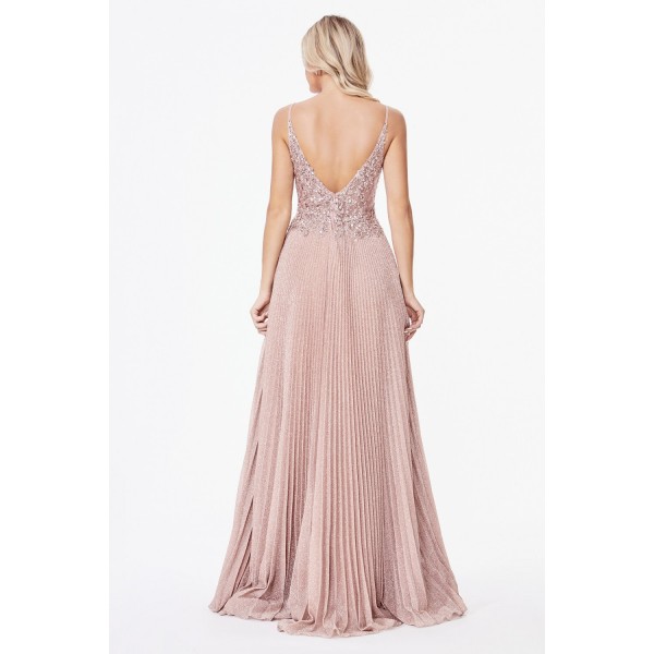 A-Line Pleated Dress With Embellished Lace Applique Bodice And Open V-Back by Cinderella Divine -CD0163