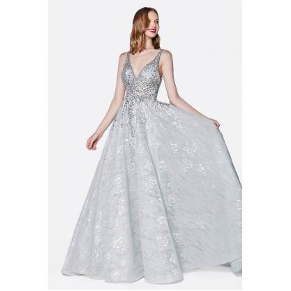 Take Their Breath Away In This Metallic Silver Lace Ball Gown by Cinderella Divine -CK831