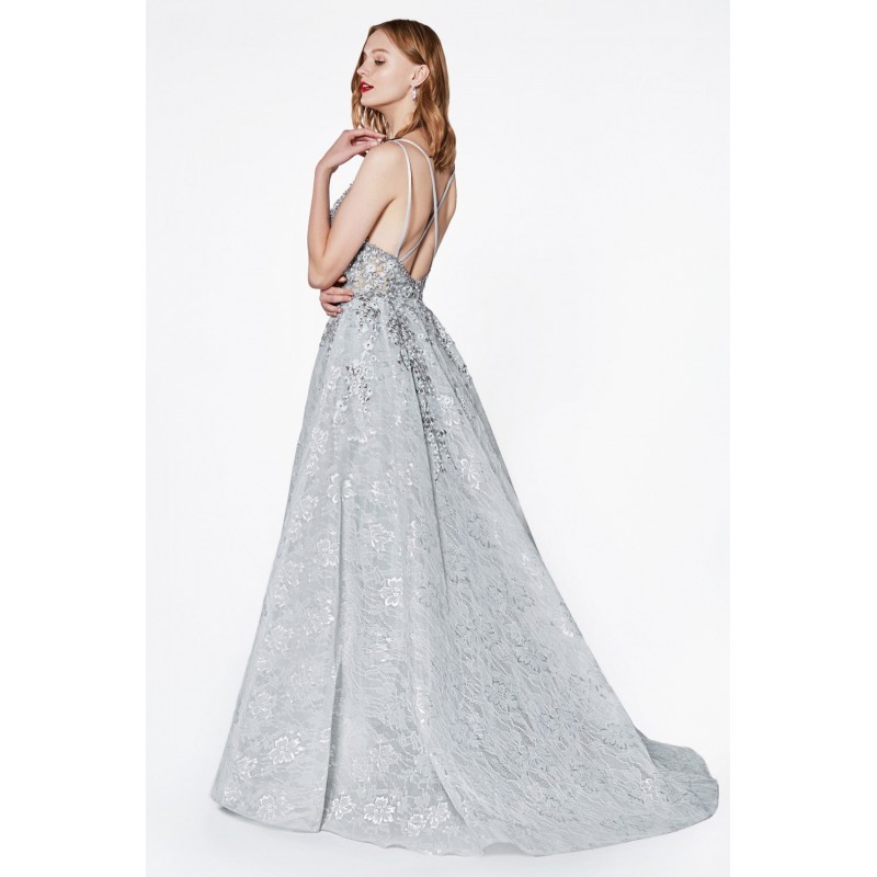 Take Their Breath Away In This Metallic Silver Lace Ball Gown by Cinderella Divine -CK831