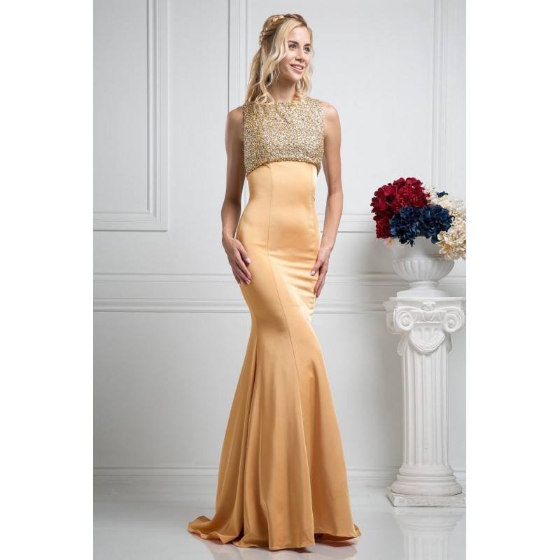 Beaded Bodice Sateen Sheath Dress by Cinderella Divine -CB758