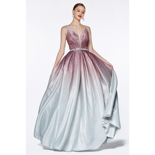 Ombre Glitter Ball Gown With Deep Plunge Neckline And Beaded Belt by Cinderella Divine -CB0041