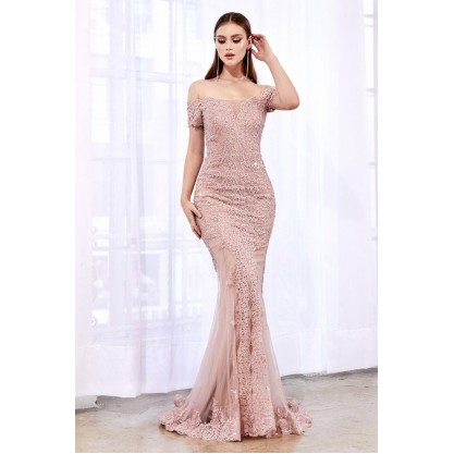 Off The Shoulder Lace Gown With Layered Lace And Scallop Finish Mermaid Fit by Cinderella Divine -A0587