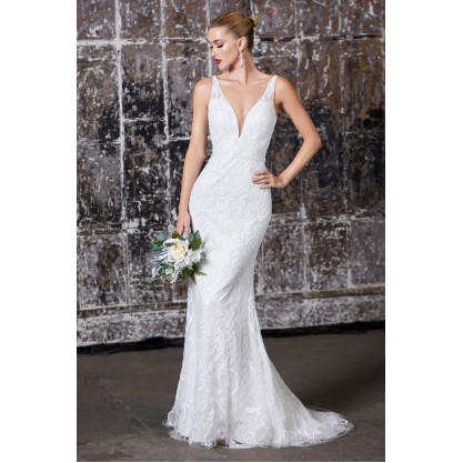 Fitted Fully Beaded Bridal Dress With Deep V-Neckline And Open Back by Cinderella Divine -EW202