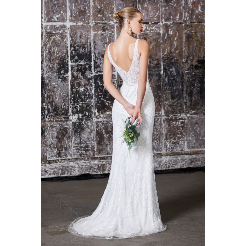 Fitted Fully Beaded Bridal Dress With Deep V-Neckline And Open Back by Cinderella Divine -EW202
