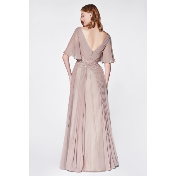 A-Line Chiffon Gown With Flutter Sleeves And Lace by Cinderella Divine -CJ514