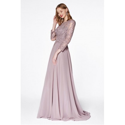 Flowy A-Line Chiffon 3/4 Sleeve Gown With Closed Back And Lace Detailed Bodice by Cinderella Divine -CD0127