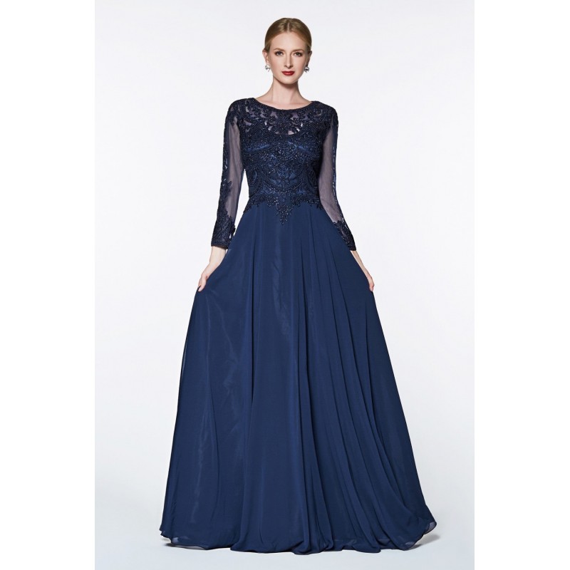 Flowy A-Line Chiffon 3/4 Sleeve Gown With Closed Back And Lace Detailed Bodice by Cinderella Divine -CD0127