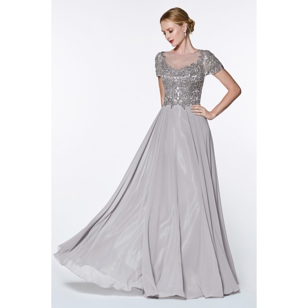 Cap Sleeve Chiffon Gown With Embroidered Lace Appliques And Closed Back by Cinderella Divine -CD0139