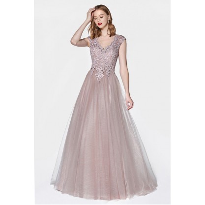 Flowy A-Line Tulle Gown With Cap Sleeve And Lace Bodice by Cinderella Divine -OC002