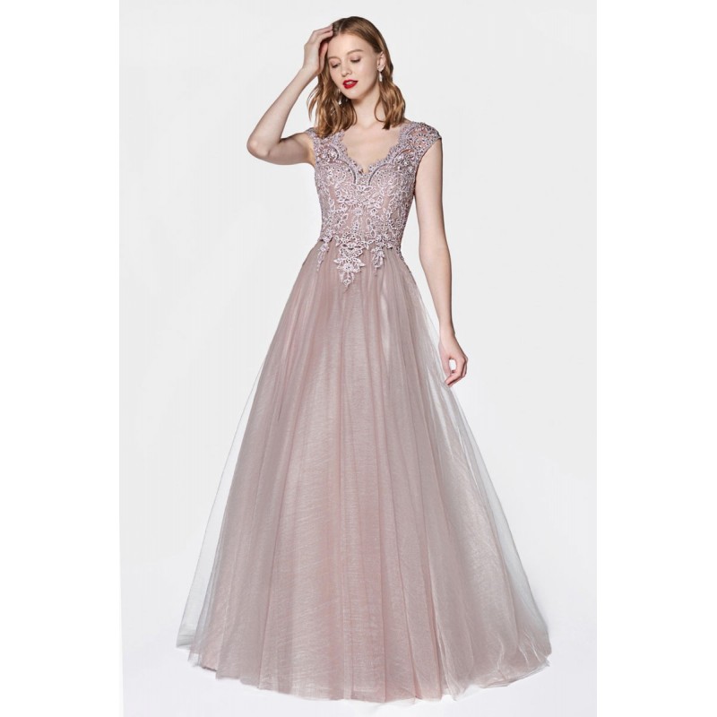 Flowy A-Line Tulle Gown With Cap Sleeve And Lace Bodice by Cinderella Divine -OC002