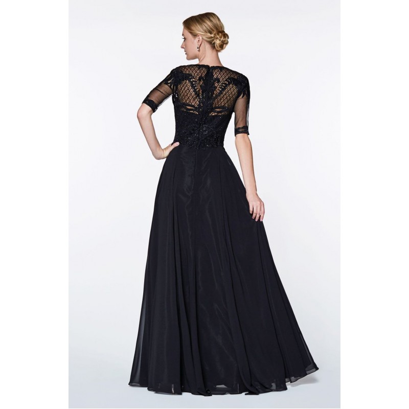 Three Quarter Sleeve A-Line Gown With Beaded Lace Top And Chiffon Skirt by Cinderella Divine -CD0134