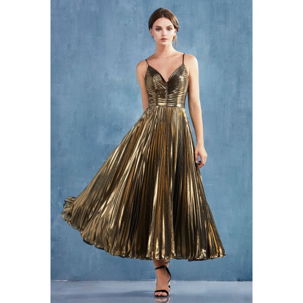 Gold Leaf Lame Pleated Tea Length Dress. Back Zipper Closure, Some Stretch. by Andrea and Leo -A0863