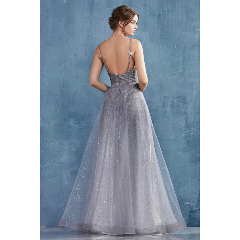 A Night Sky Metallic Ombre With Glitter Tulle Overlay A-Line Gown. No Stretch by Andrea and Leo -A0936