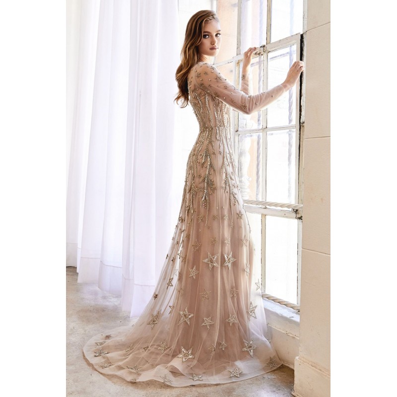 Long Sleeve Fully Beaded Constellation A-Line Gown by Andrea and Leo -A1000