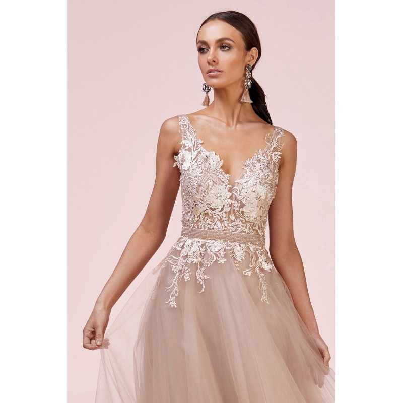 Floral Lace V-Neck Tulle Gown  by Andrea and Leo -A0567