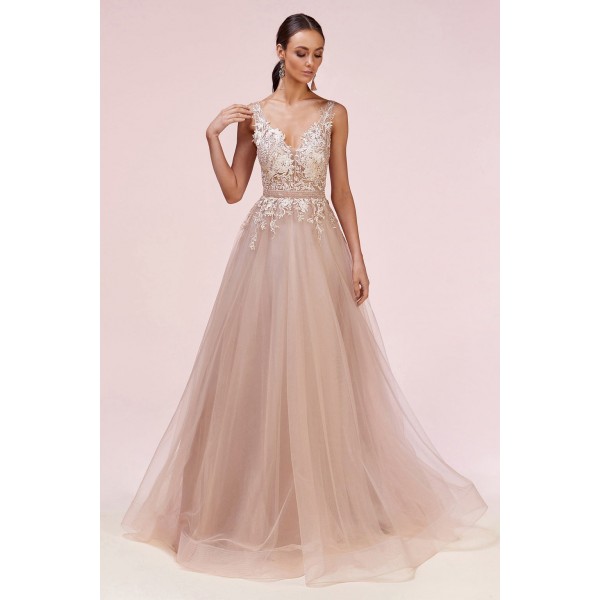 Floral Lace V-Neck Tulle Gown  by Andrea and Leo -A0567