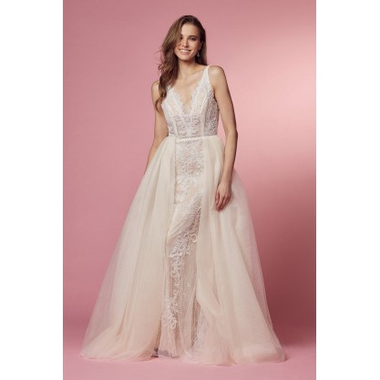 Fitted Lace A-Line Tulle Gown By Nox Anabel -E474