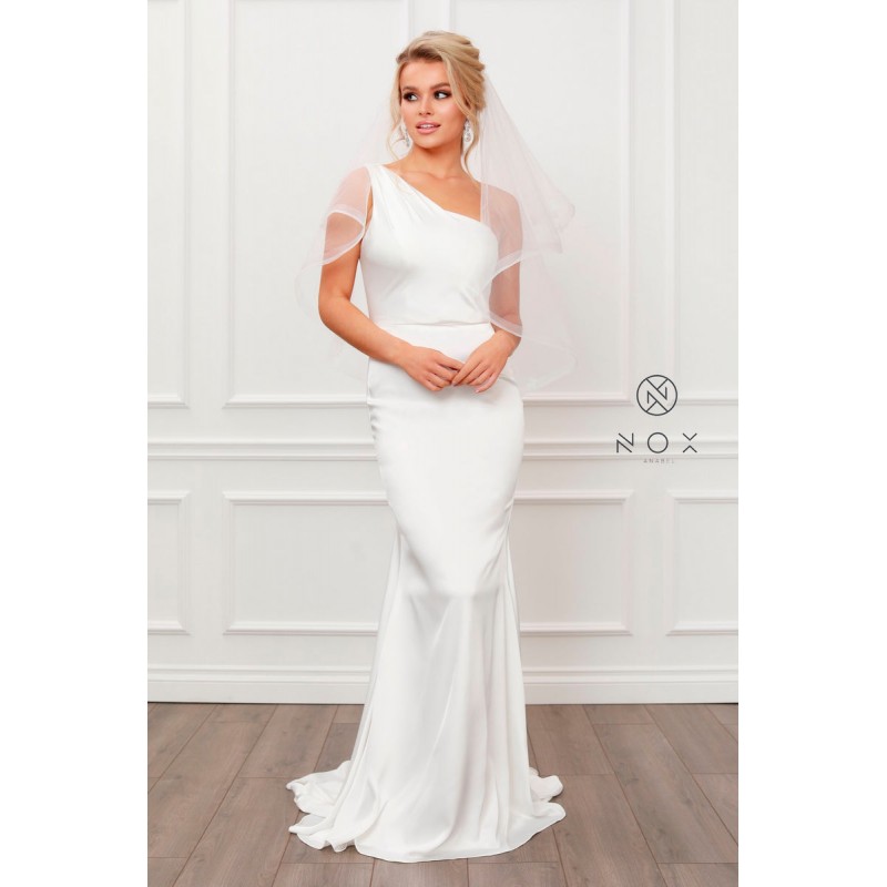 White Fitted One Shoulder Gown By Nox Anabel -E483