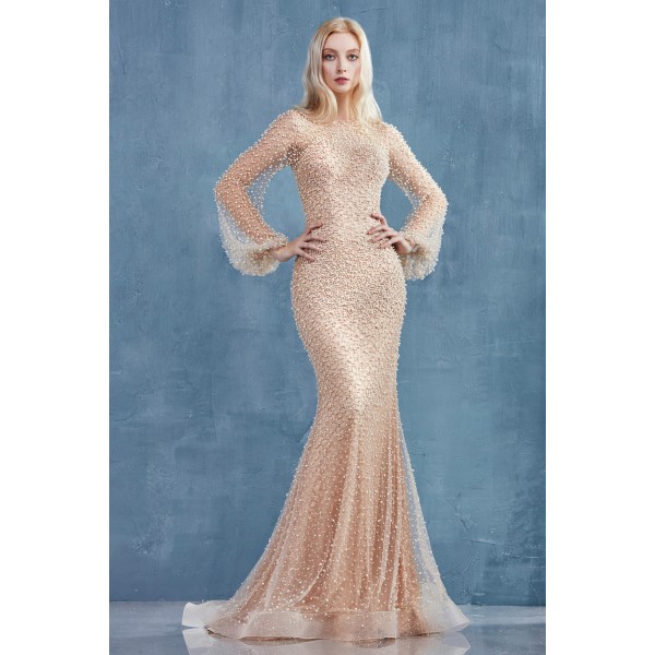 Pearl Studded Sheer Sleeve Trumpet Gown By Andrea And Leo - A0997W
