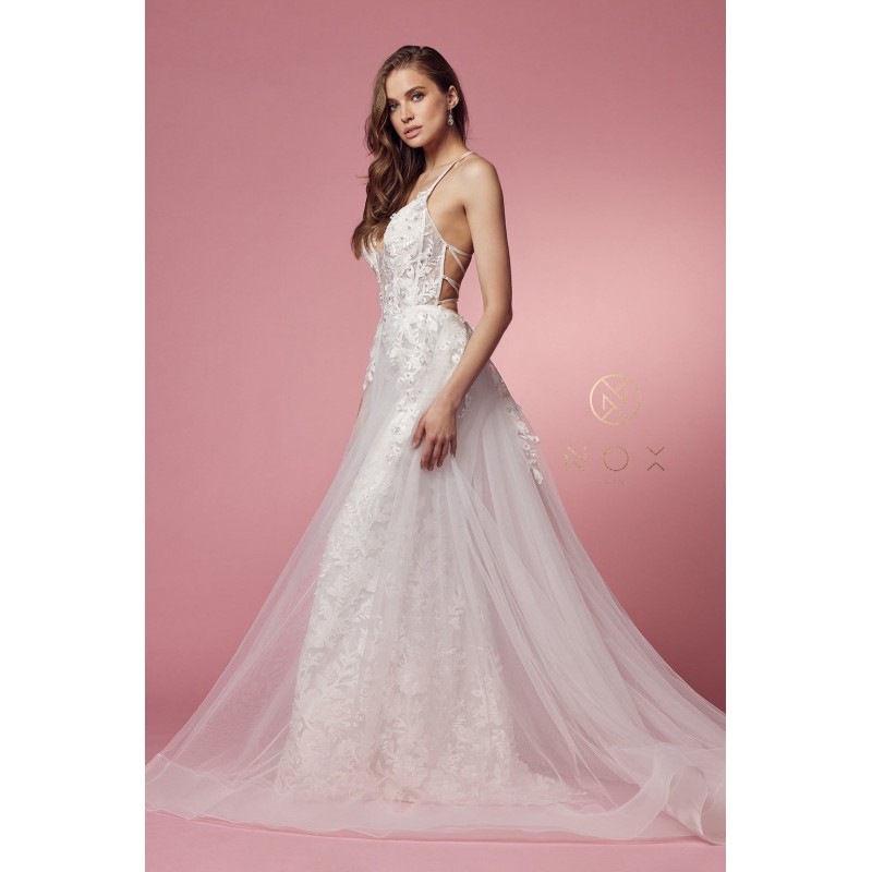 White Fitted Lace Overskirt Gown By Nox Anabel -F485W