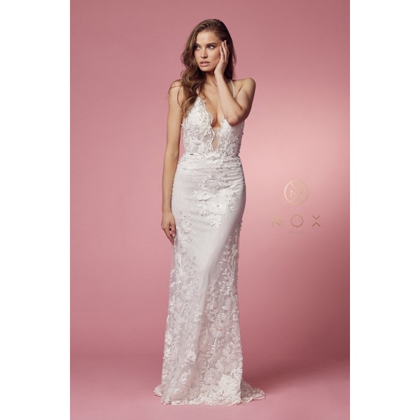 White Fitted Lace Overskirt Gown By Nox Anabel -F485W