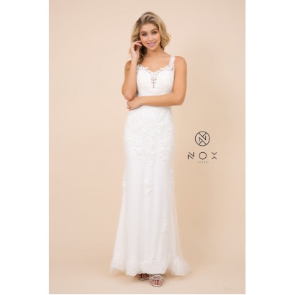 Fitted Long Lace Applique V-Neck Wedding Dress By Nox Anabel -W907P