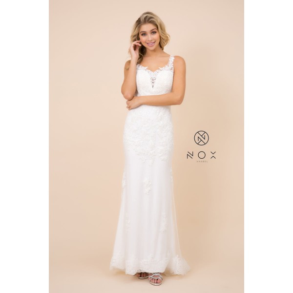 Fitted Long Lace Applique V-Neck Wedding Dress By Nox Anabel -W907P