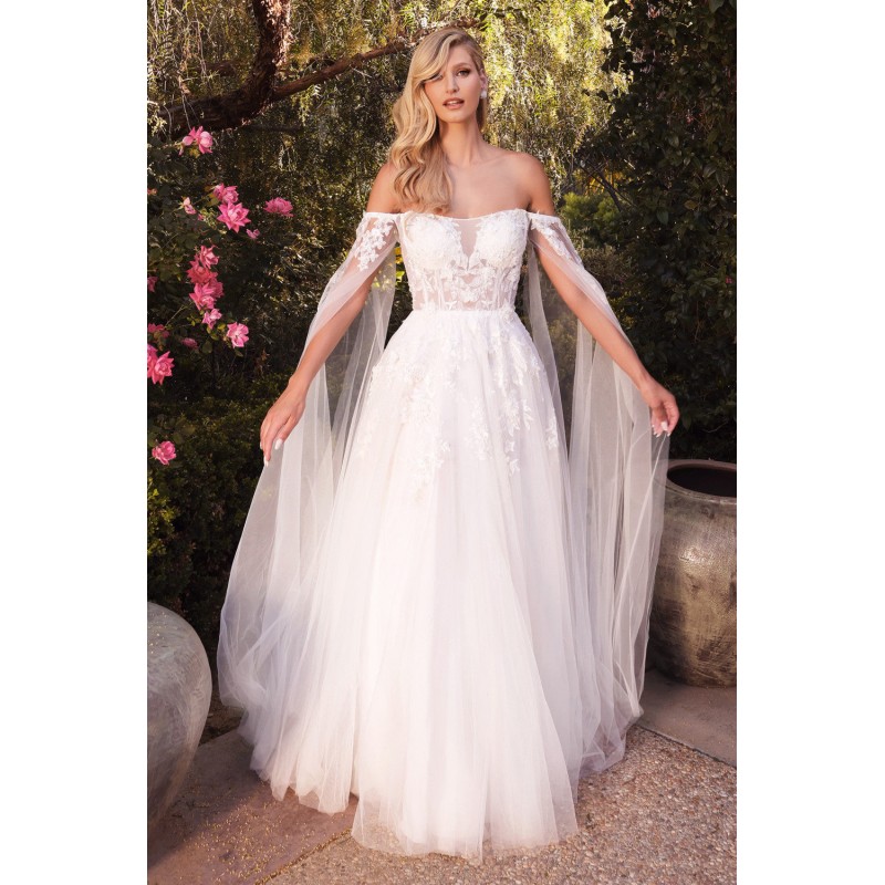 Floral Embroidered Long Cape A-Line Isabel Wedding Gown By Andrea And Leo -A1080W