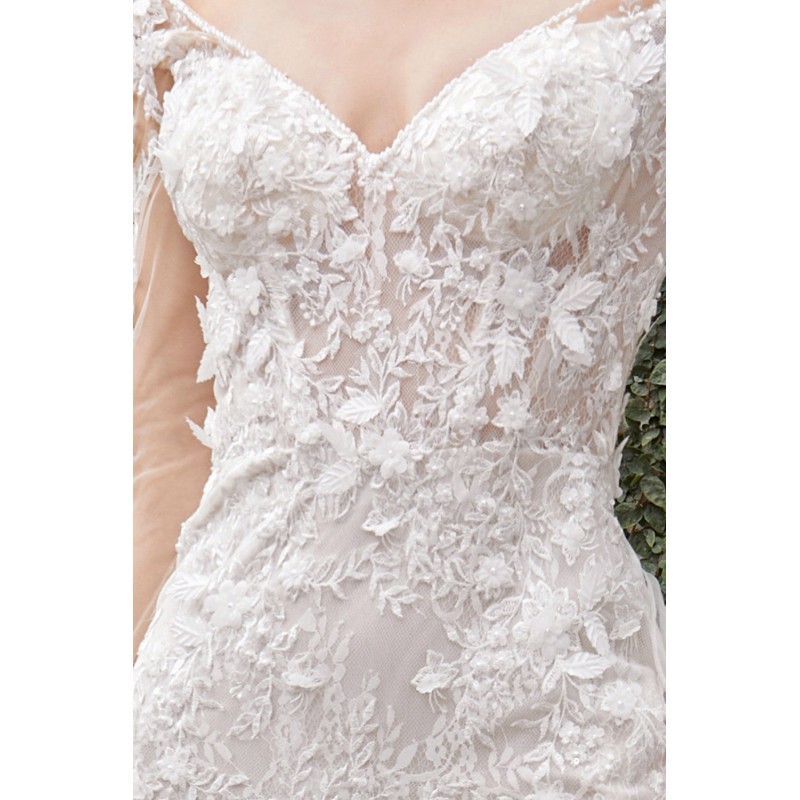 Floral Embroidered White Long Sleeve Lace Dress With Fitted Skirt By Andrea And Leo -A1073W