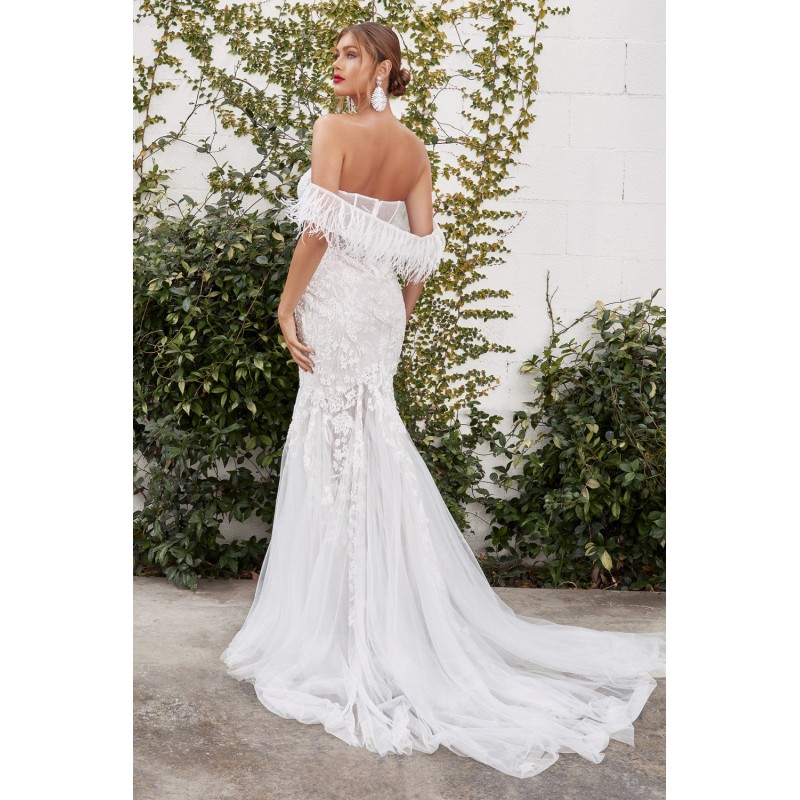 White Long Feathered Corset Style Dress With Fitted Skirt By Andrea And Leo -A1068W