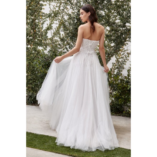 Bead Embellished White Long Strapless Dress With A-Line Skirt By Andrea And Leo -A1071W