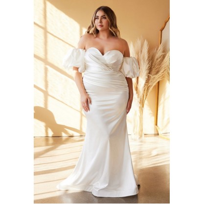 Fitted Satin Strapless Gown With Puff Sleeves By Cinderella Divine - CD984WC