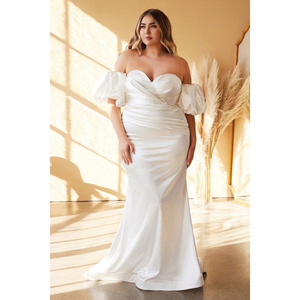 Fitted Satin Strapless Gown With Puff Sleeves By Cinderella Divine - CD984WC