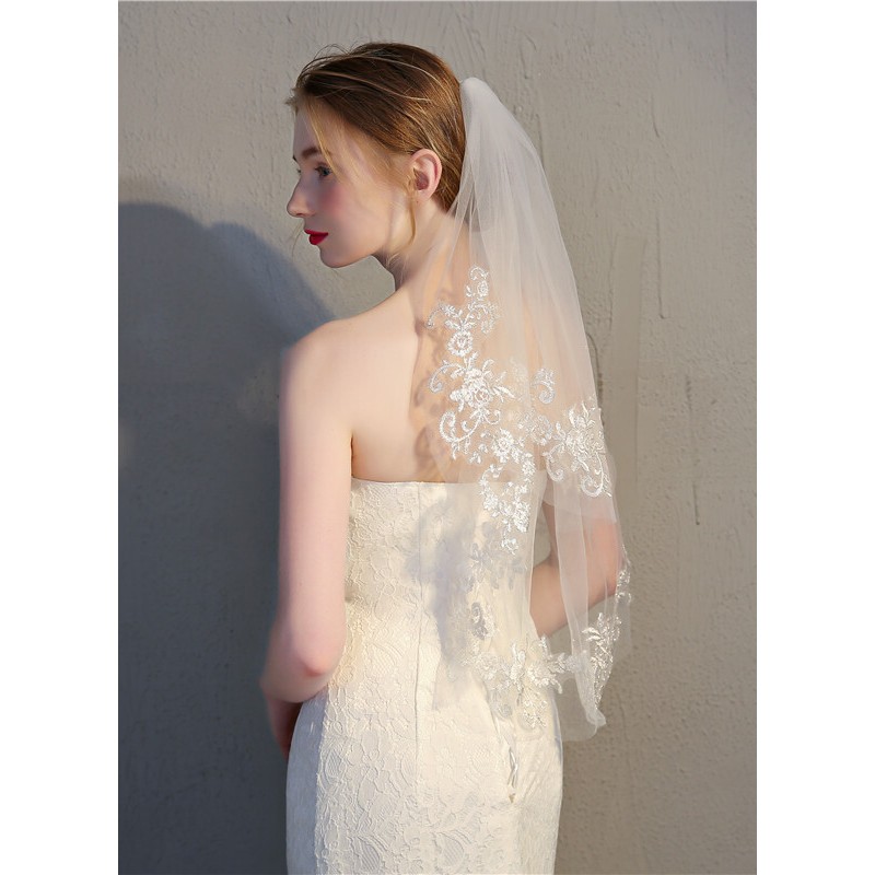 Two-tier Lace Applique Edge Elbow Bridal Veils