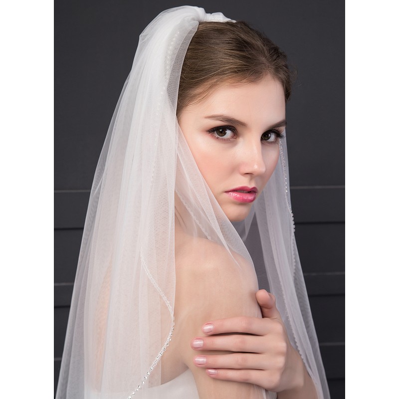 Two-tier Cut Edge Elbow Bridal Veils With Rhinestones