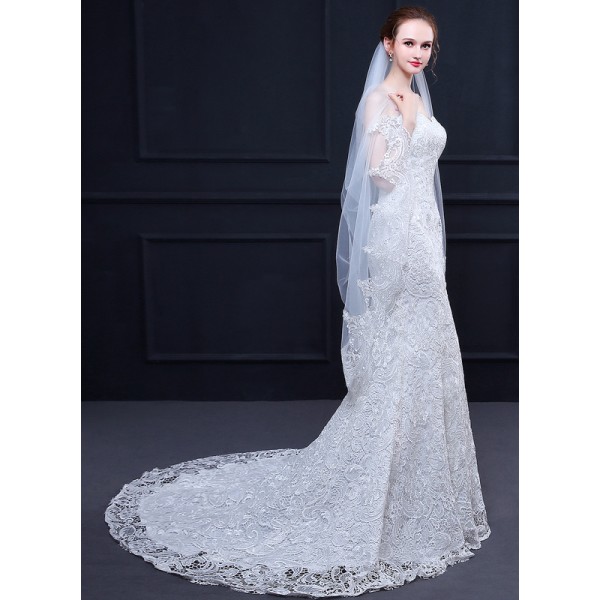 One-tier Lace Applique Edge Waltz Bridal Veils With Lace