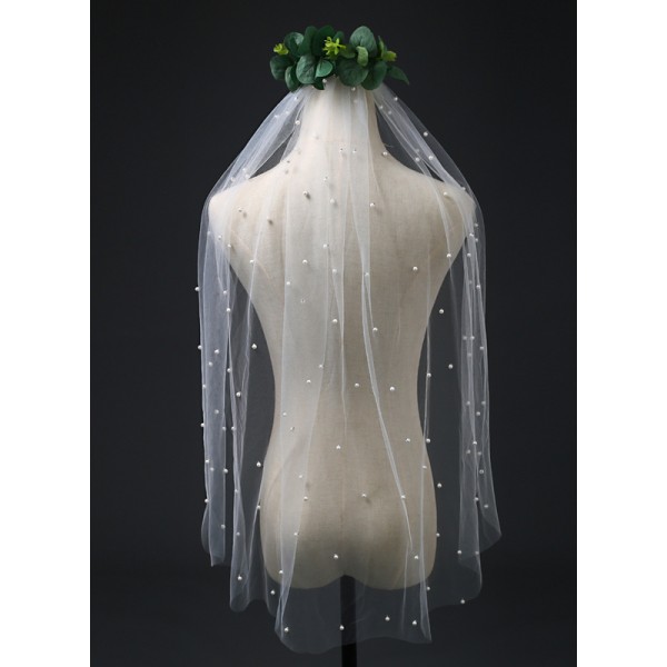 One-tier Cut Edge Elbow Bridal Veils With Faux Pearl