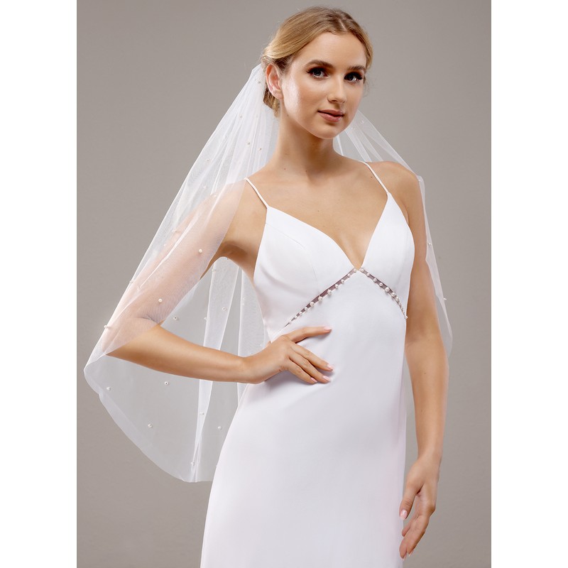 One-tier Cut Edge Elbow Bridal Veils With Faux Pearl