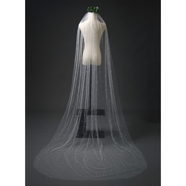 One-tier Cut Edge Chapel Bridal Veils With Faux Pearl