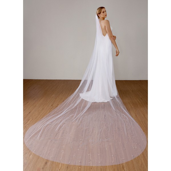 One-tier Cut Edge Chapel Bridal Veils With Faux Pearl