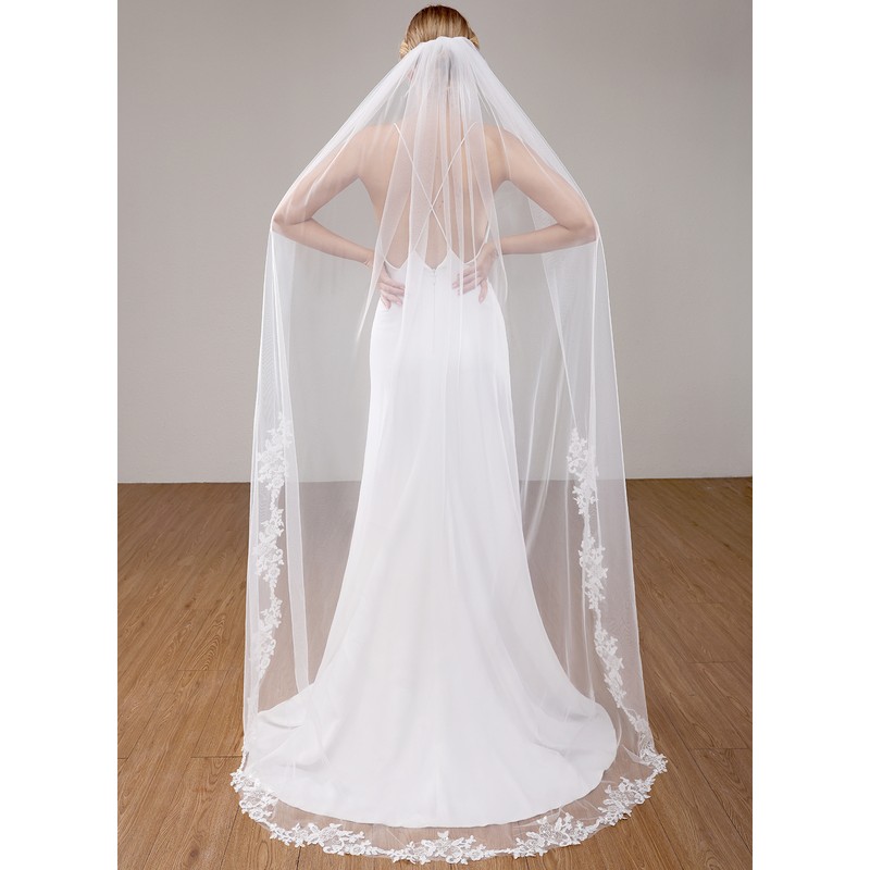 One-tier Cut Edge Chapel Bridal Veils With Applique