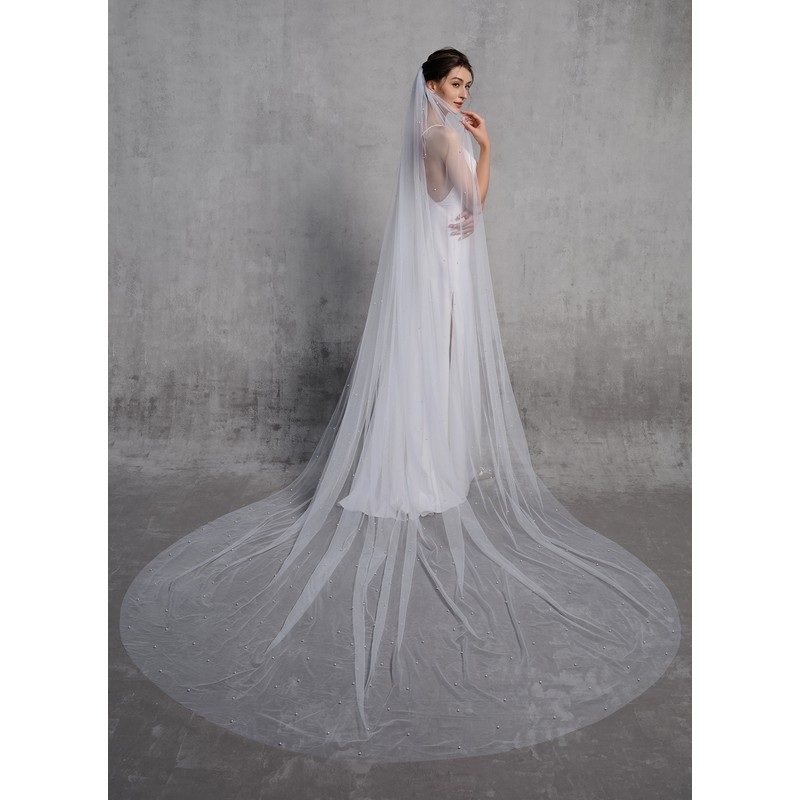 One-tier Cut Edge Cathedral Bridal Veils With Faux Pearl