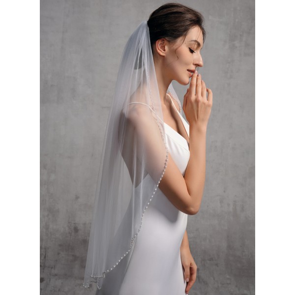 One-tier Cut Edge Fingertip Bridal Veils With Rhinestones