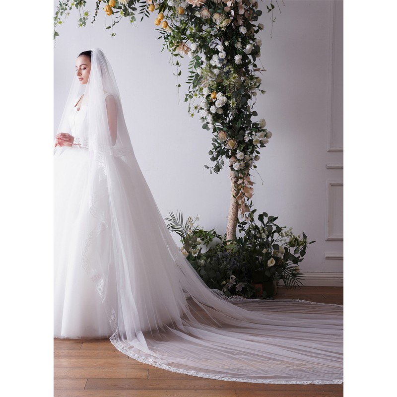 Two-tier Lace Applique Edge Cathedral Bridal Veils With Organza Binding