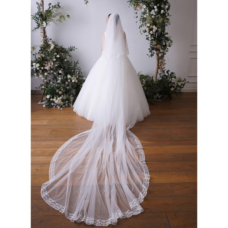 Two-tier Lace Applique Edge Cathedral Bridal Veils With Organza Binding