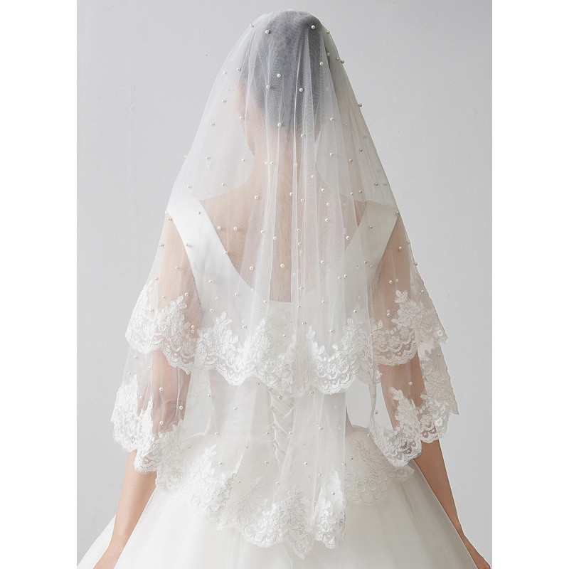 Two-tier Lace Applique Edge Fingertip Bridal Veils With Faux Pearl/Lace