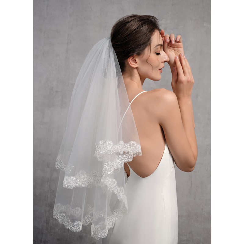 Two-tier Lace Applique Edge Elbow Bridal Veils With Lace