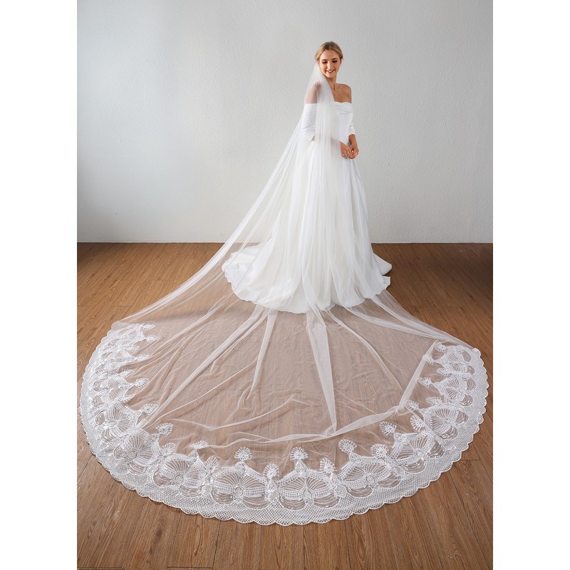 One-tier Sequin Trim Edge Cathedral Bridal Veils With Applique/Sequin/Lace