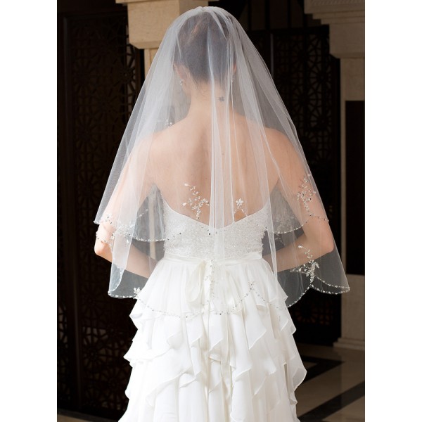 Two-tier Elbow Bridal Veils With Beaded Edge