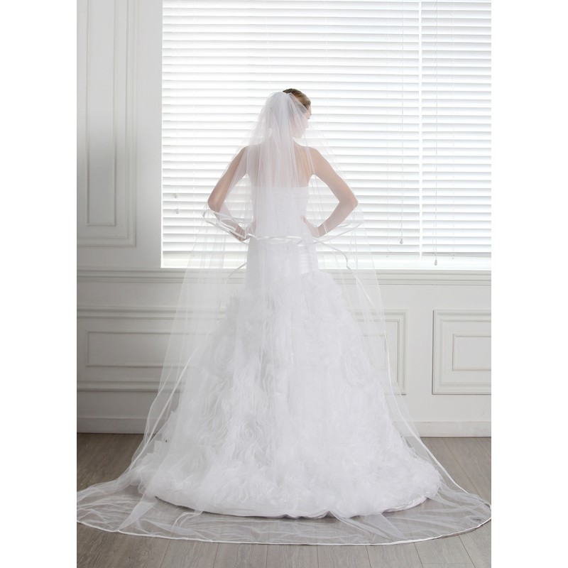 Two-tier Ribbon Edge Cathedral Bridal Veils With Ribbon